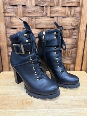 Guess Black Lace-Up Heeled Ankle Boots with Gold Hardware